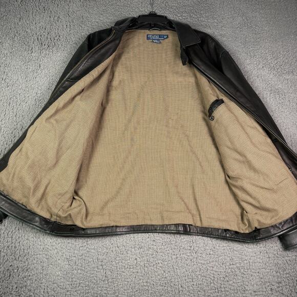Vintage Polo Ralph Lauren Leather Jacket Mens M Black Full Zip Bomber Chin Strap - Picture 8 of 16